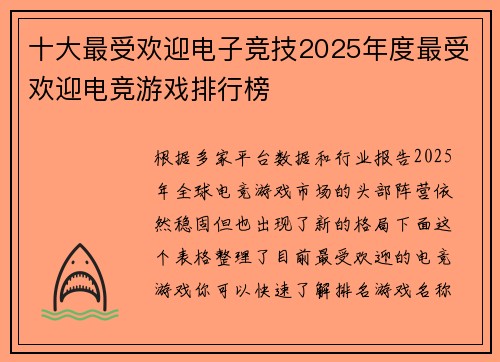 十大最受欢迎电子竞技2025年度最受欢迎电竞游戏排行榜